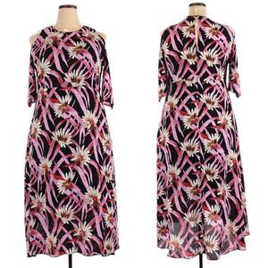 Who What Wear Black Floral Midi Dress with Pink and White Accents